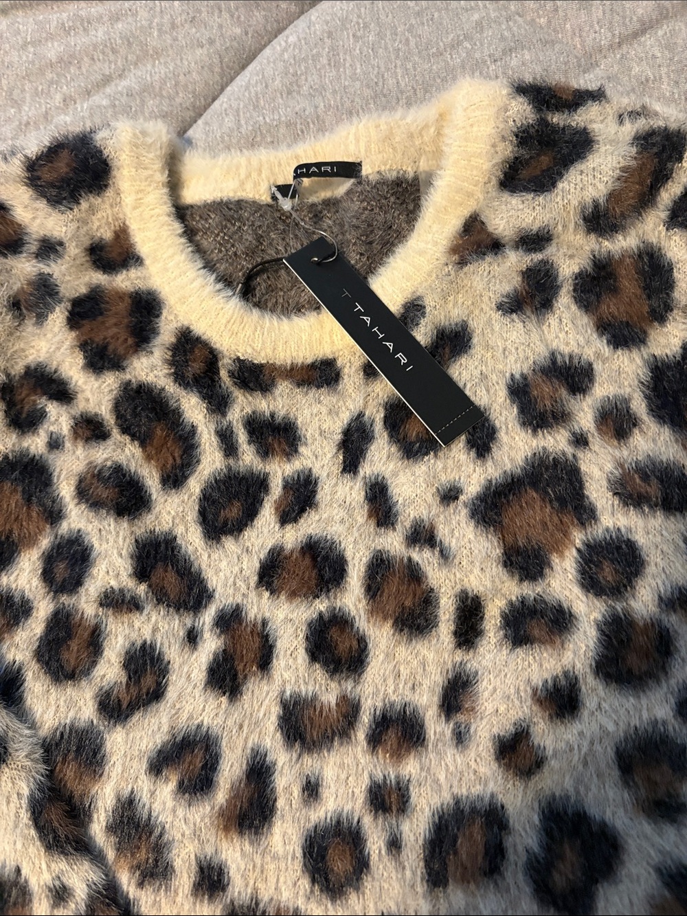 Leopard Print Fuzzy Crewneck Sweater - Beige/Brown